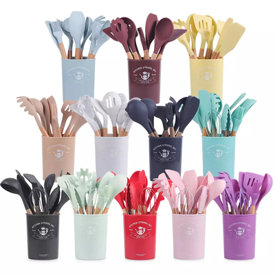Kitchenware Silicone Cooking Tools 12 Pieces In 1 Set With Wooden Handles