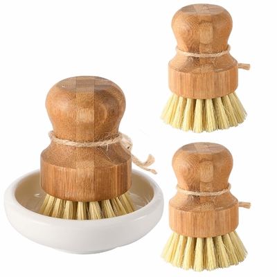 Bamboo dish brushby Kingwell, Kitchen Wooden Cleaning Scrubbers Set for Washing Cast Iron Pan/Pot, Natural Sisal Bristle