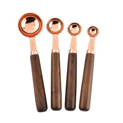 Gold Rose Gold Copper Set Wooden Handle Measuring Cups And Spoons Syrup Adjustable Measuring Spoon Stainless Steel