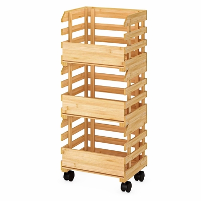 Sustainable 3 Tier Bamboo Basket Stand With Wheels For Vegetable Fruit