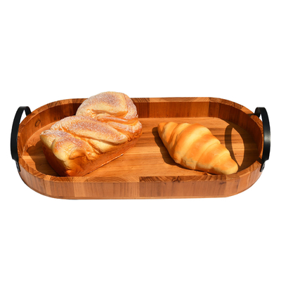 Food Dessert Natural Wood Serving Tray 42.5x18.1x5cm With Metal Handle