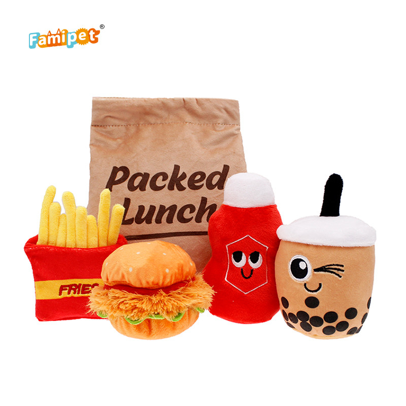 Odm Squeaky Pet Toy Custom Fast Food Lunch Pack Design Soft Stuffed Plush Dog