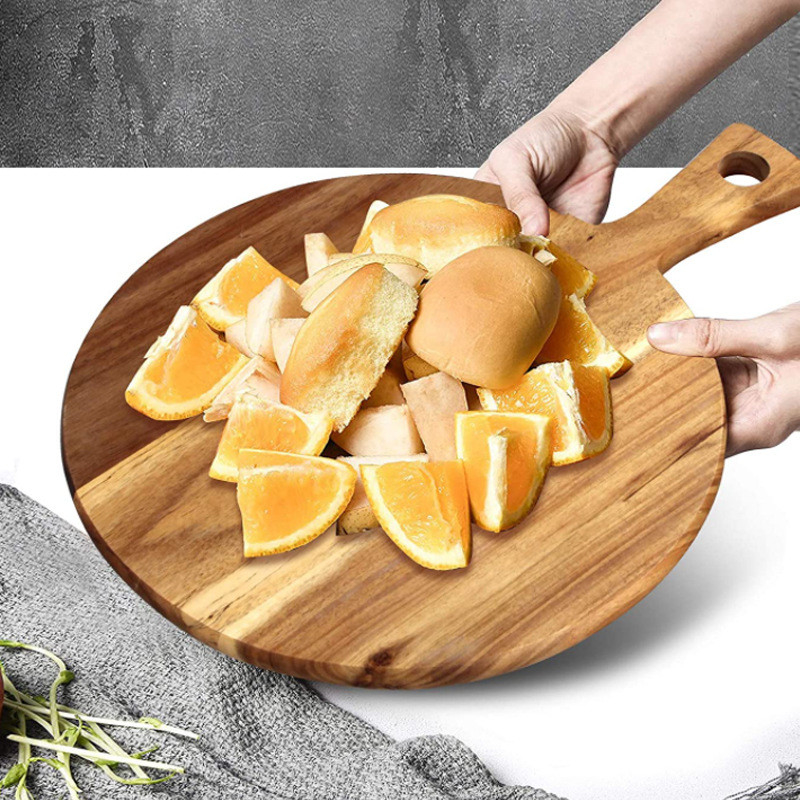 Amazon hot selling Acacia wood round cutting board with handle cutting board countertop for meat bread board