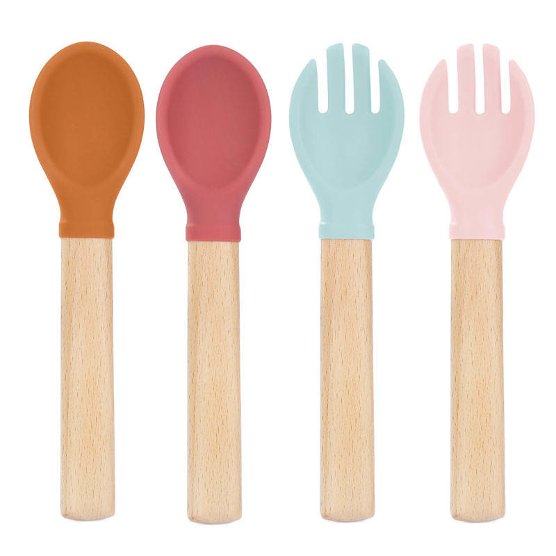 High Quality LFGB Approved Kitchen Spoon Fork Set Custom Wooden Bamboo Food Grade Silicone Baby Spoon