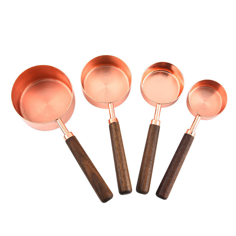 Gold Rose Gold Copper Set Wooden Handle Measuring Cups And Spoons Syrup Adjustable Measuring Spoon Stainless Steel