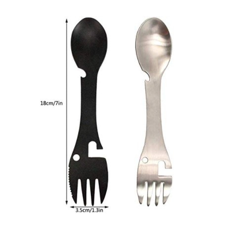 Multi Functional Stainless Steel Camping Utensils Spoon Fork Can Opener Serrated Knife Wrench