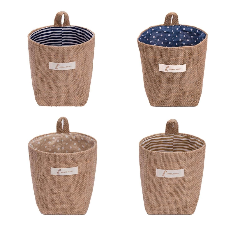 4 Pack Wall Hanging Storage Bags Cotton Linen Storage Basket Foldable Family
