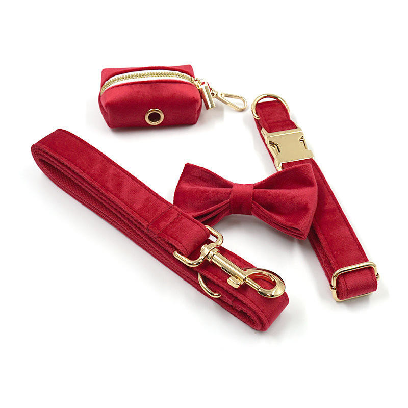 3pcs 5pcs Pet Collar Leash Custom Red Thick Velvet Gold Buckle