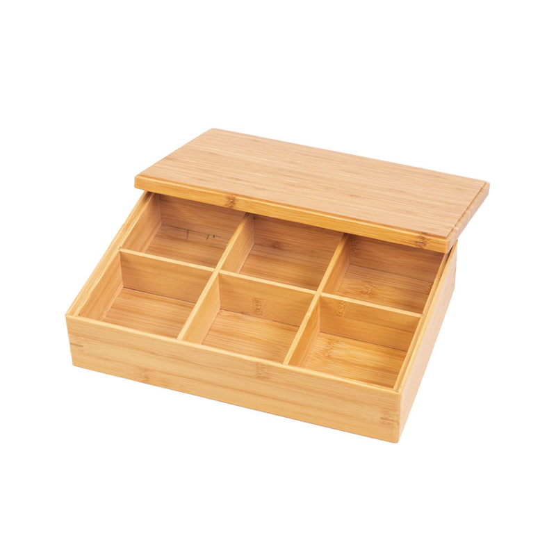 Wood Bamboo 32.5*22.1*7.7cm Tea Bag Storage Organizer 6 Compartments With Wooden Lid