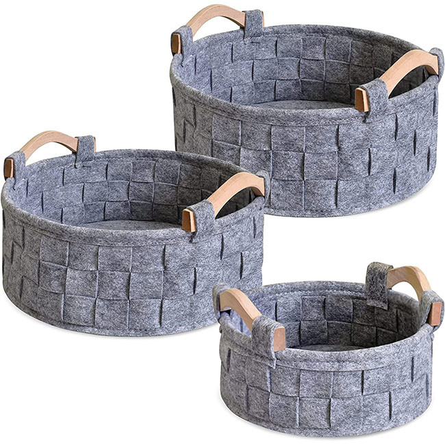 3 Pack Beige 3mm Woven Felt Baskets With Wooden Handles Storage Box
