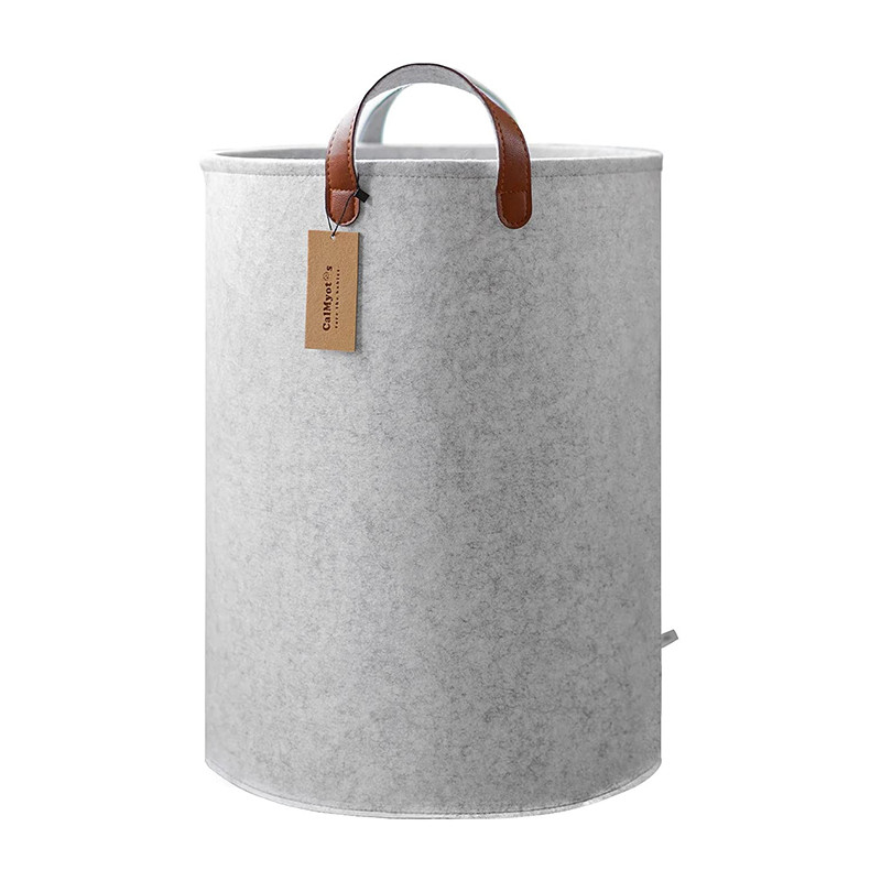 4mm Laundry Grey Felt Storage Basket With Imitation Leather Handles