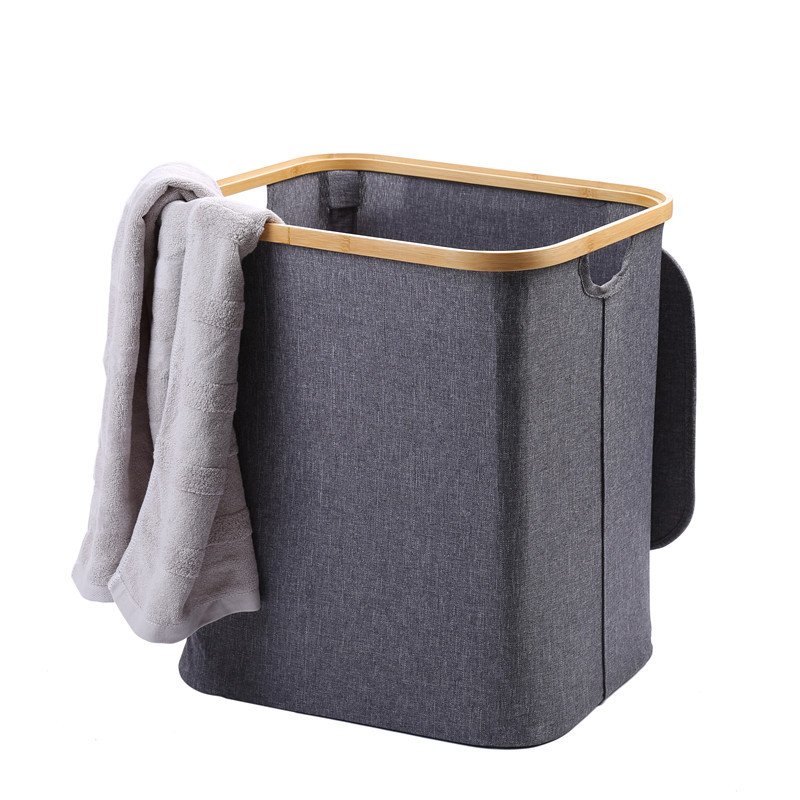 Rectangle Fiber Rod Collapsible Bamboo Laundry Hamper With Lid 40*33*45cm