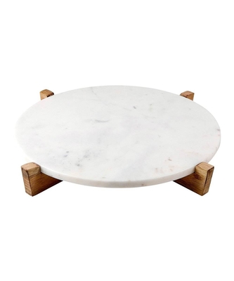 2 Piece Set Marble Round Serving Tray With Mango Wood Stand