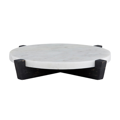 2 Piece Set Marble Round Serving Tray With Mango Wood Stand