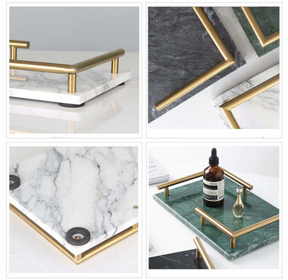 Honed Marble Rectangular Tray With Gold Metal Handle