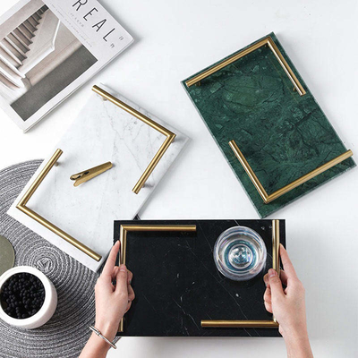 Honed Marble Rectangular Tray With Gold Metal Handle